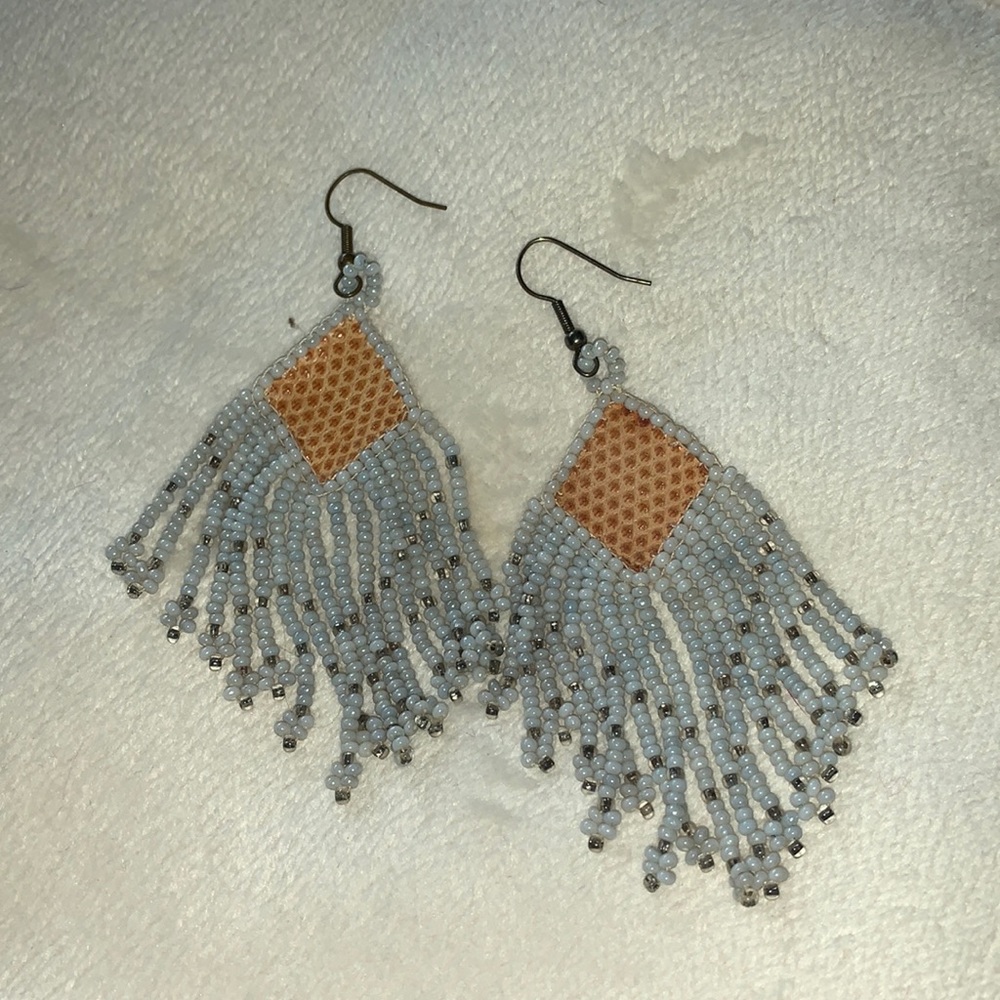 Vintage 80s hand beaded fringe earrings with snake skin leather accents Native